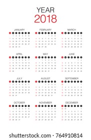 Year 2018 calendar vector design template, simple and clean design