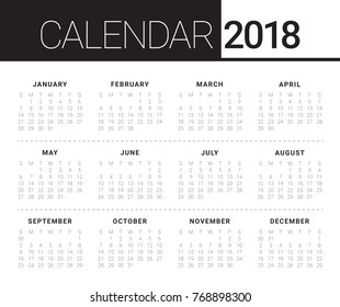 Year 2018 calendar vector design template, simple and clean design