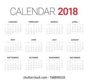 Year 2018 calendar vector design template, simple and clean design