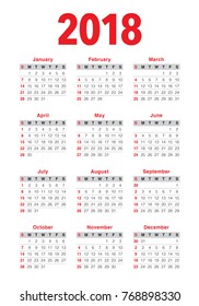 Year 2018 calendar vector design template, simple and clean design
