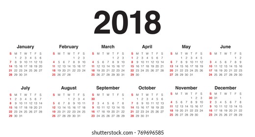 Year 2018 calendar vector design template, simple and clean design