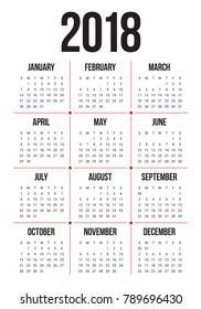 Year 2018 calendar vector design template, simple and clean design