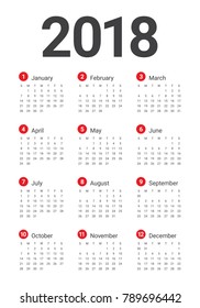 Year 2018 calendar vector design template, simple and clean design