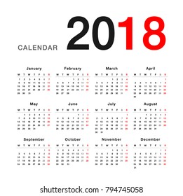 Year 2018 calendar vector design template, simple and clean design. Calendar for 2018 on White Background for organization and business. Week Starts Monday. Simple Vector Template. EPS10. 