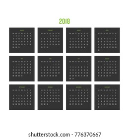 Year 2018 calendar. Week starts from Sunday. Simple flat vector illustration.