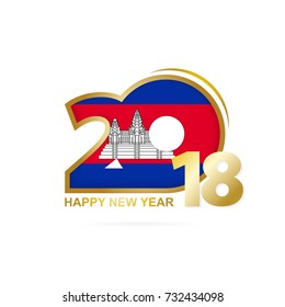 Year 2018 with Cambodia Flag pattern. Happy New Year Design. Vector Illustration.