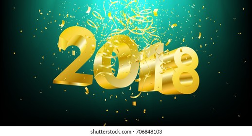 year 2018 celebration background template with drop confetti and gold ribbons on blue green ray light