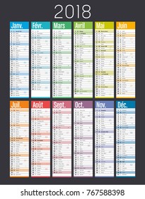 Year 2018 colorful calendar, in French language, on black background. Vector template