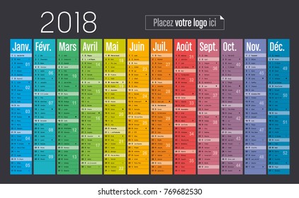 Year 2018 colorful calendar, in French language, on black background. Vector template