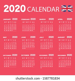 Year 2018 colorful minimalist calendar, in English language, on pink background. Vector template