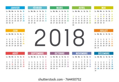 Year 2018 colorful minimalist calendar, in French language, on white background. Vector template