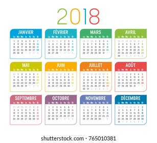 Year 2018 colorful minimalist calendar, in French language, on white background. Vector template