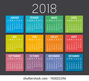 Year 2018 colorful minimalist calendar, in French language, on black background. Vector template