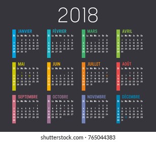 Year 2018 colorful minimalist calendar, in French language, on black background. Vector template