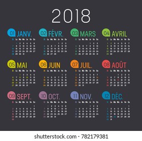 Year 2018 colorful minimalist calendar, in French language, on black background. Vector template