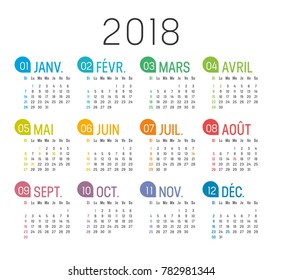 Year 2018 colorful minimalist calendar, in French language, on white background. Vector template