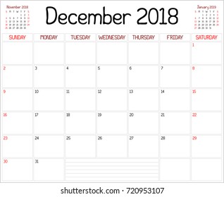 Year 2018 December Planner - A monthly planner calendar for December 2018 on white. A custom handwritten style is used.