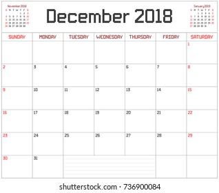 Year 2018 December Planner - A monthly planner calendar for December 2018 on white. A square pixel style is used.