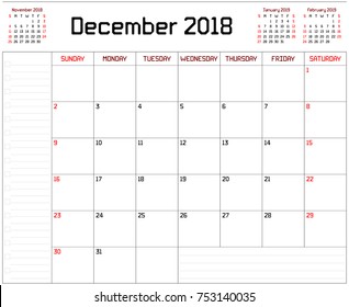 Year 2018 December planner - A monthly planner calendar for December 2018 on white background. A custom straight lines thick font is used.