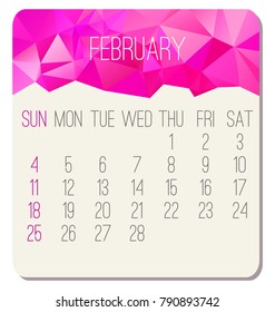 Year 2018 February vector monthly calendar. Week starting from Sunday. Contemporary low poly design in pink color.