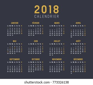 Year 2018 golden calendar, in French language, on black background