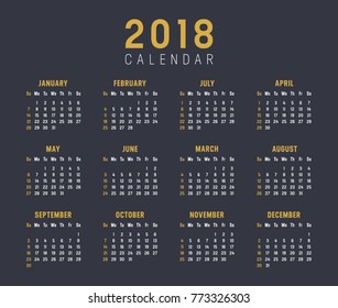 Year 2018 golden calendar on black background, starting on Sunday