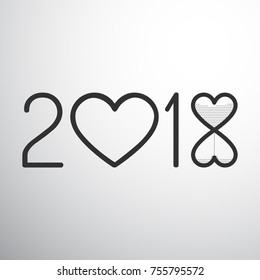 Year 2018 with hearts and sand watch isolated black on white