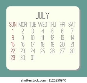 Year 2018 July plain contemporary vector calendar. Week starting from Sunday. Beige rounded rectangle over teal green background.