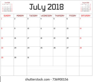 Year 2018 July Planner - A monthly planner calendar for July 2018 on white. A square pixel style is used.