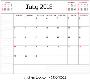 Year 2018 July planner - A monthly planner calendar for July 2018 on white background. A custom straight lines thick font is used.