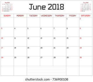 Year 2018 June Planner - A monthly planner calendar for June 2018 on white. A square pixel style is used.