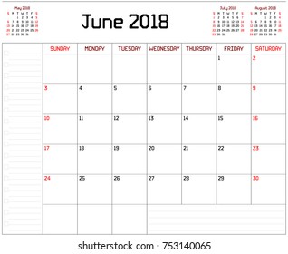 Year 2018 June planner - A monthly planner calendar for June 2018 on white background. A custom straight lines thick font is used.