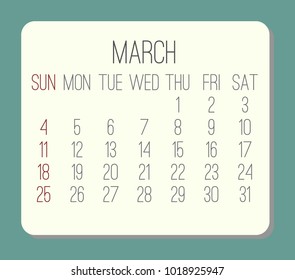 Year 2018 March plain contemporary vector calendar. Week starting from Sunday. Beige rounded rectangle over teal green background.