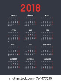 Year 2018 minimalist calendar, in French language, on black background. Vector template