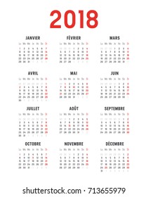 Ano 2018 calendário minimalista, em fundo branco. Língua francesa