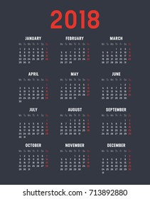 Year 2018 minimalist calendar, on black background.