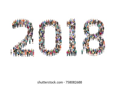 year 2018 numbers made of tiny standing casual people figures
