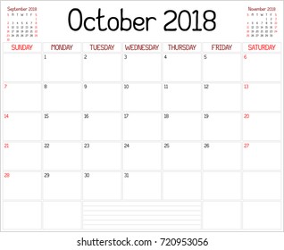 Year 2018 October Planner - A monthly planner calendar for October 2018 on white. A custom handwritten style is used.