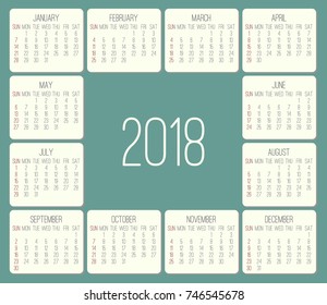 Year 2018 plain contemporary vector monthly calendar. Week starting from Sunday. Beige rounded rectangle over teal green background.