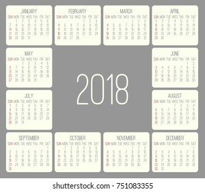 Year 2018 plain contemporary vector monthly calendar. Week starting from Sunday. Beige rounded rectangle over gray background.