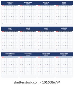 Year 2018 planner calendar vector illustration, simple and clean design.