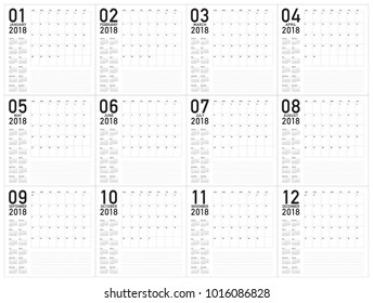 Year 2018 planner calendar vector illustration, simple and clean design.