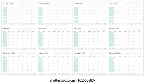 Year 2018 planner calendar vector illustration, simple and clean design.