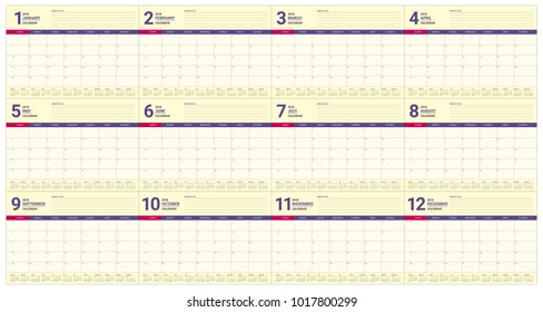 Year 2018 planner calendar vector illustration, simple and clean design.