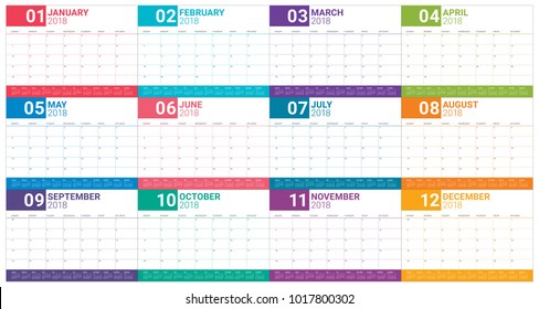 Year 2018 planner calendar vector illustration, simple and clean design.