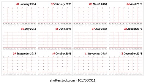 Year 2018 planner calendar vector illustration, simple and clean design.