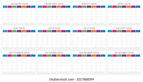 Year 2018 planner calendar vector illustration, simple and clean design.