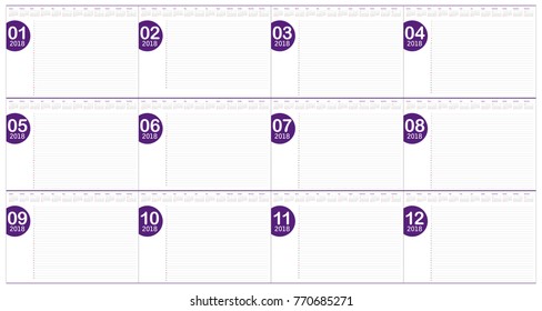 Year 2018 planner calendar vector illustration, simple and clean design.