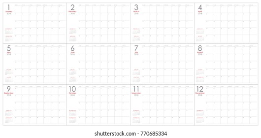 Year 2018 planner calendar vector illustration, simple and clean design.