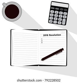 ?New year 2018 resolution book with pen, a cup of coffee ,calculator have shadow 